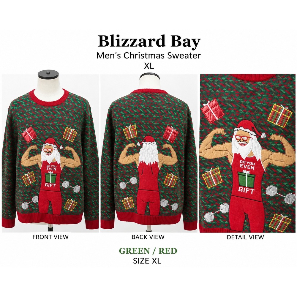 Blizzard Bay Mens XL Ugly Christmas Sweater Buff Santa Do You Even Gift Lift
